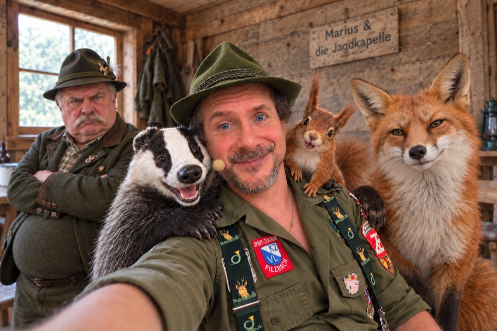 Marius mit Dachs Adalbert, Seichhörndli, Oberjägermeister Brünzli und Tofuchs in der Jägerhütte